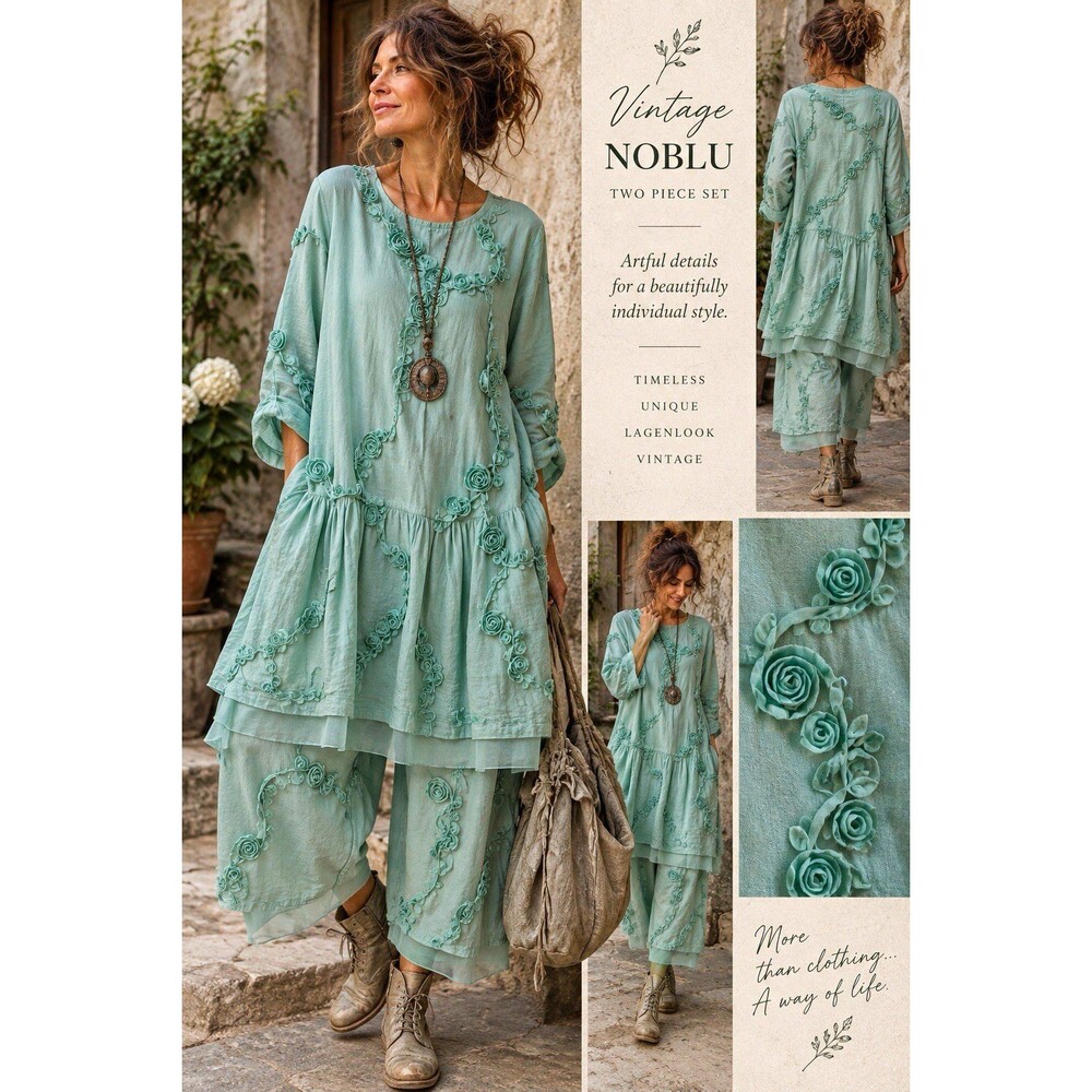 Vintage NOBLU Lagenlook Mint Rose 2 Piece Set Dress/Wide Leg Pants Size S USA